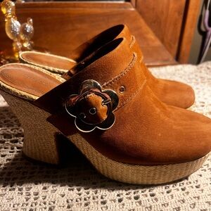 Chelsea & Violet Tan Suede Mules with Flower Accent